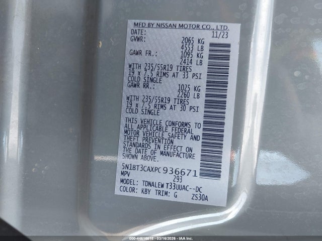 44616618 :رقم المزاد ، 5N1BT3CAXPC936671 vin ، 2023 Nissan Rogue Sl Fwd مزاد بيع