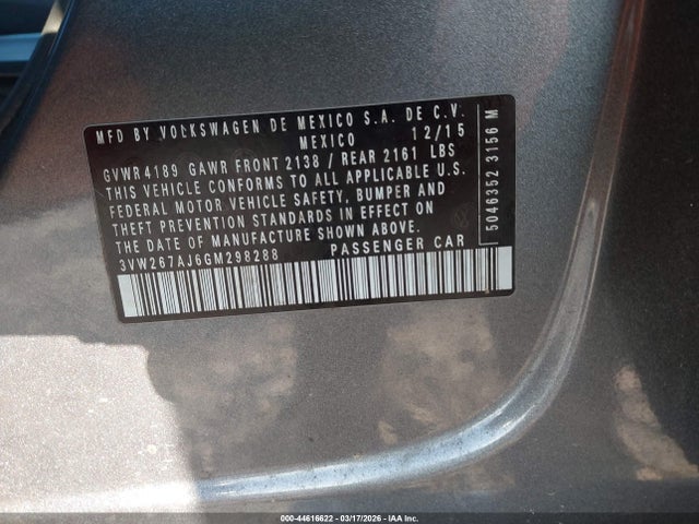 44616622 :رقم المزاد ، 3VW267AJ6GM298288 vin ، 2016 Volkswagen Jetta 1.4t S مزاد بيع