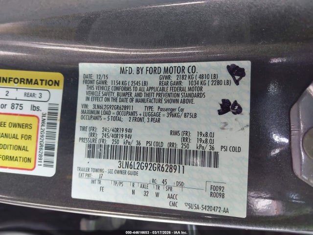 Aukcja sprzedaży 2016 Lincoln Mkz, vin: 3LN6L2G92GR628911, numer aukcji: 44616653