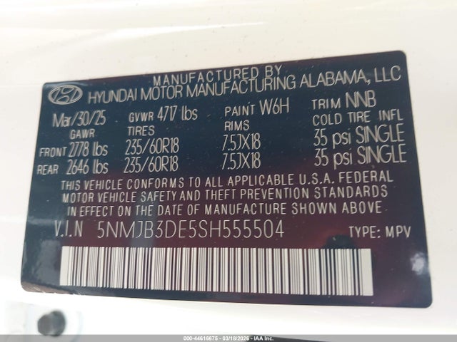 Продаж на аукціоні авто 2025 Hyundai Tucson Sel, vin: 5NMJB3DE5SH555504, номер лоту: 44616675
