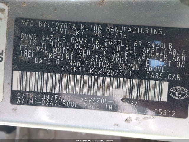 4T1B11HK6KU257771 Toyota CAMRY SE