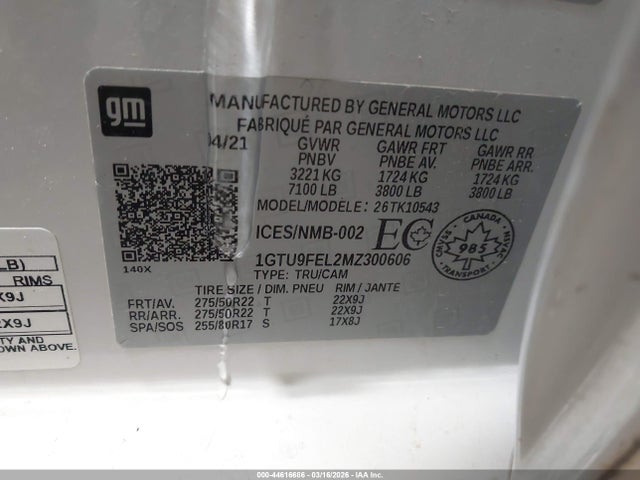 Продаж на аукціоні авто 2021 Gmc Sierra 1500 Denali, vin: 1GTU9FEL2MZ300606, номер лоту: 44616686
