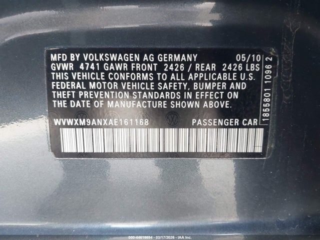 44616694 :رقم المزاد ، WVWXM9ANXAE161168 vin ، 2010 Volkswagen Passat Komfort مزاد بيع
