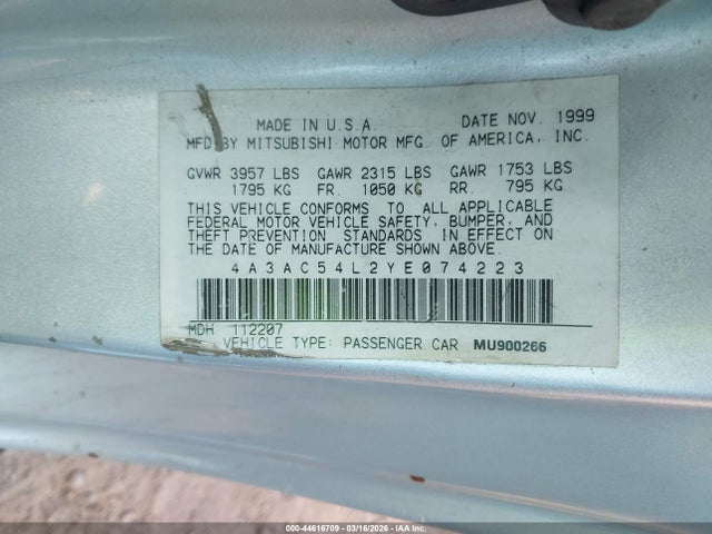 2000 MITSUBISHI ECLIPSE 4A3AC54L2YE074223 Photo 8