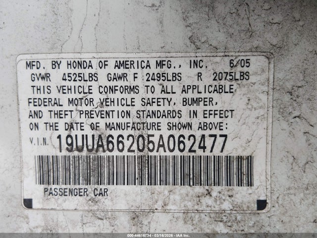 Продаж на аукціоні авто 2005 Acura Tl, vin: 19UUA66205A062477, номер лоту: 44616734