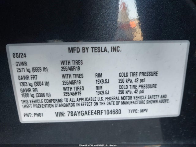 Aukcja sprzedaży 2024 Tesla Model Y Long Range Dual Motor All-wheel Drive, vin: 7SAYGAEE4RF104680, numer aukcji: 44616748