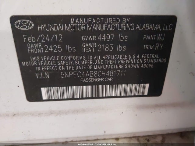 2012 HYUNDAI SONATA 5NPEC4AB8CH481711 Photo 8
