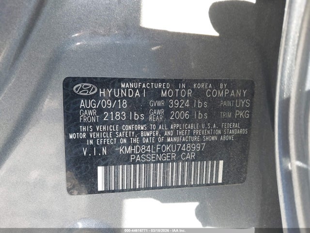 KMHD84LF0KU748997 Hyundai ELANTRA SEL
