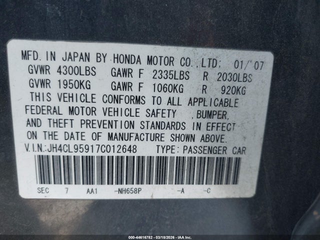 Aukcja sprzedaży 2007 Acura Tsx, vin: JH4CL95917C012648, numer aukcji: 44616782