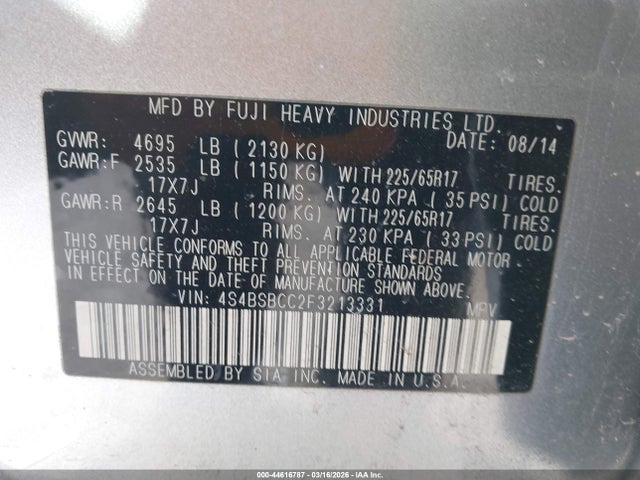 44616787 :رقم المزاد ، 4S4BSBCC2F3213331 vin ، 2015 Subaru Outback 2.5i Premium مزاد بيع
