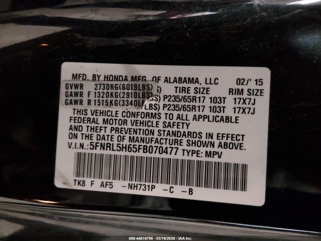 Honda Odyssey Ex-l 2015 5FNRL5H65FB070477 Image 9