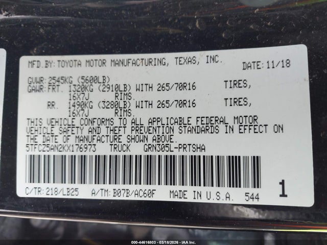 44616803 :رقم المزاد ، 5TFCZ5AN2KX176973 vin ، 2019 Toyota Tacoma Trd Pro مزاد بيع