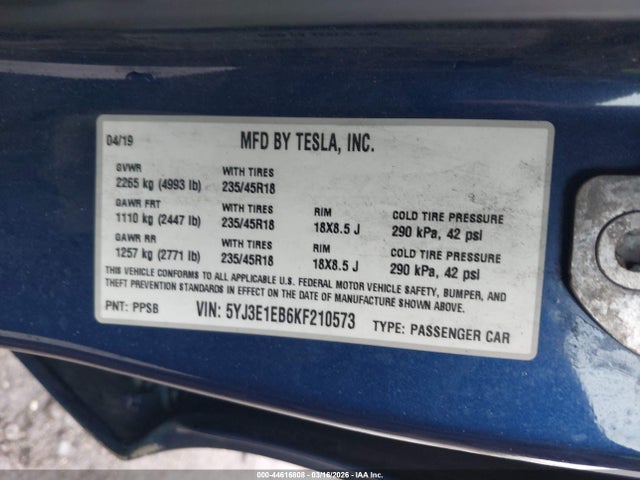 Продаж на аукціоні авто 2019 Tesla Model 3 Long Range/performance, vin: 5YJ3E1EB6KF210573, номер лоту: 44616808