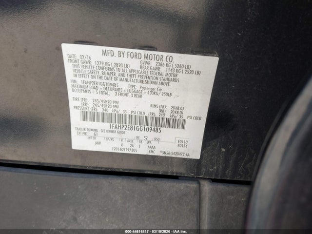 44616817 :رقم المزاد ، 1FAHP2E81GG109485 vin ، 2016 Ford Taurus Sel مزاد بيع