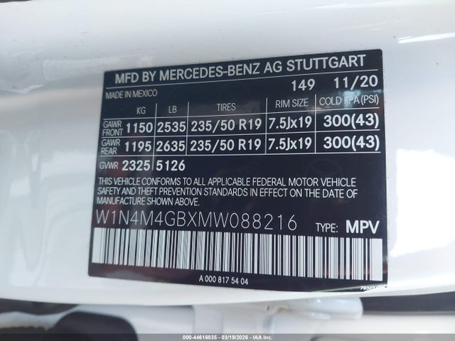 Aukcja sprzedaży 2021 Mercedes-benz Glb 250, vin: W1N4M4GBXMW088216, numer aukcji: 44616835