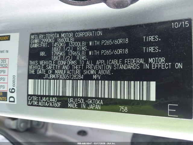 44616847 :رقم المزاد ، JTJBM7FX3G5128284 vin ، 2016 Lexus Gx 460 مزاد بيع