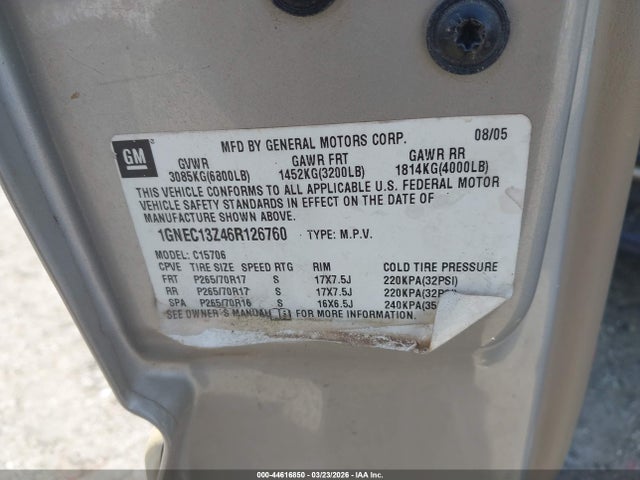 44616850 :رقم المزاد ، 1GNEC13Z46R126760 vin ، 2006 Chevrolet Tahoe Lt مزاد بيع