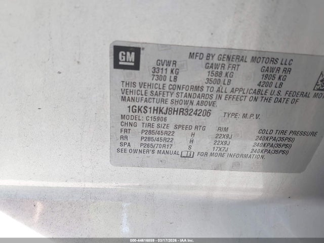 2017 Gmc Yukon Xl Denali მანქანა იყიდება აუქციონზე, vin: 1GKS1HKJ8HR324206, აუქციონის ნომერი: 44616859