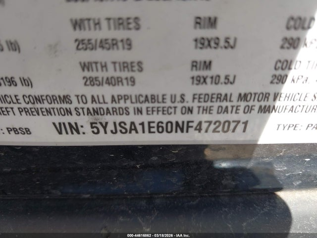 44616862 :رقم المزاد ، 5YJSA1E60NF472071 vin ، 2022 Tesla Model S Plaid Tri Motor All-wheel Drive مزاد بيع