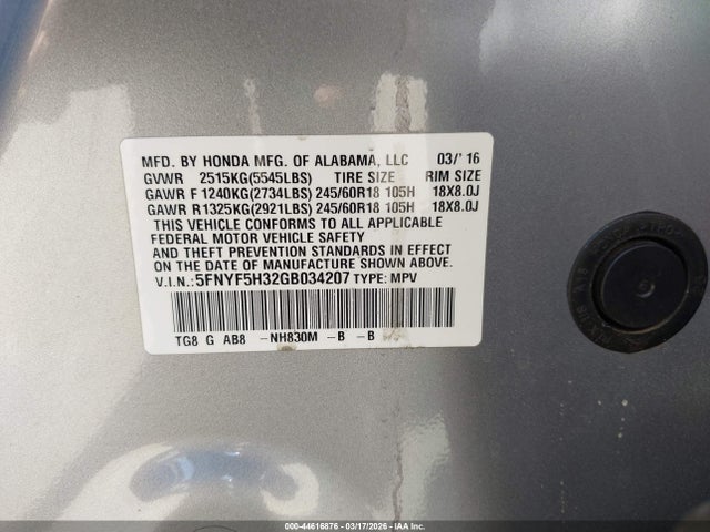 Honda Pilot Ex 2016 5FNYF5H32GB034207 Image 9