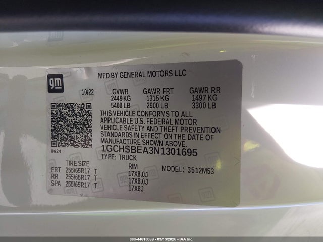 Aukcja sprzedaży 2022 Chevrolet Colorado 2wd  Long Box Wt, vin: 1GCHSBEA3N1301695, numer aukcji: 44616888