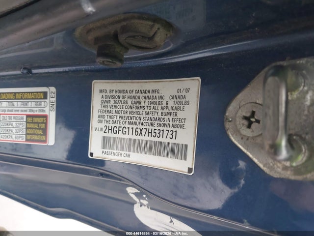 Aukcja sprzedaży 2007 Honda Civic Lx, vin: 2HGFG116X7H531731, numer aukcji: 44616894
