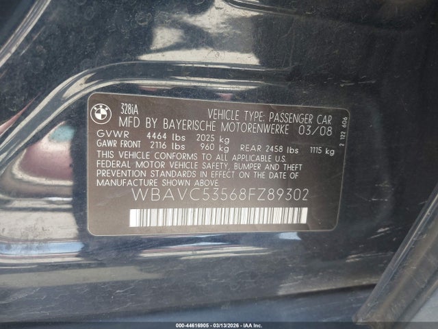 Aukcja sprzedaży 2008 Bmw 328i, vin: WBAVC53568FZ89302, numer aukcji: 44616905