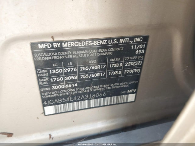 Продажа на аукционе авто 2002 Mercedes-benz Ml 320, vin: 4JGAB54E42A318066, номер лота: 44616940