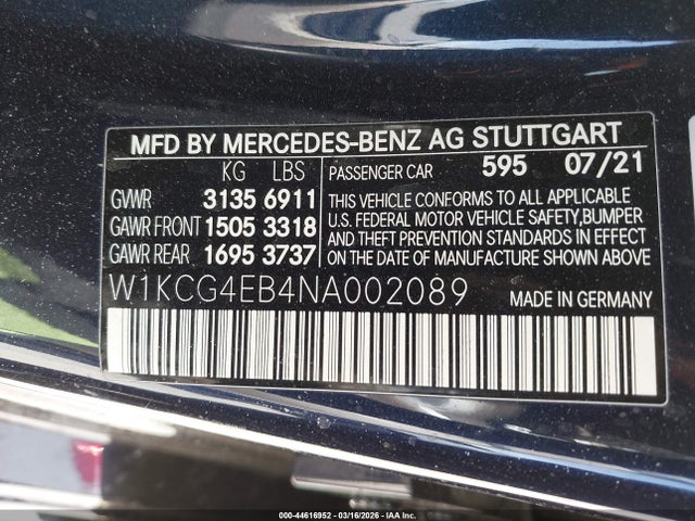 44616952 :رقم المزاد ، W1KCG4EB4NA002089 vin ، 2022 Mercedes-benz Eqs 580 4matic مزاد بيع