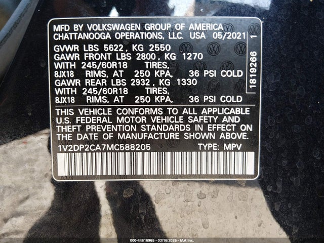 Продажа на аукционе авто 2021 Volkswagen Atlas 2.0t Se, vin: 1V2DP2CA7MC588205, номер лота: 44616965