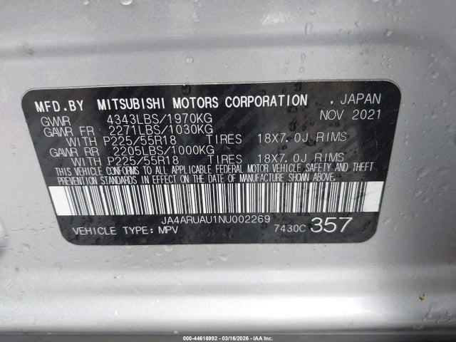 2022 Mitsubishi Outlander Sport 2.0 Be Awc/2.0 Es Awc/2.0 Le Awc/2.0 Se Awc/2.0 Se Special Edition Awc მანქანა იყიდება აუქციონზე, vin: JA4ARUAU1NU002269, აუქციონის ნომერი: 44616992