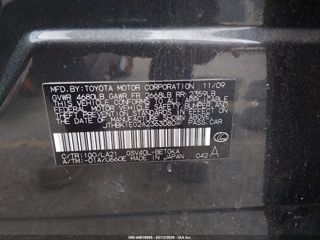 44616995 :رقم المزاد ، JTHBK1EG2A2363080 vin ، 2010 Lexus Es 350 مزاد بيع