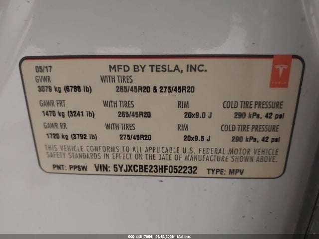 Продаж на аукціоні авто 2017 Tesla Model X 100d/75d/90d, vin: 5YJXCBE23HF052232, номер лоту: 44617006
