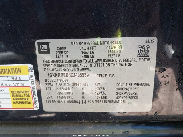 Aukcja sprzedaży 2012 Gmc Acadia Slt-1, vin: 1GKKRRED8CJ405539, numer aukcji: 44617013