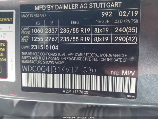Aukcja sprzedaży 2019 Mercedes-benz Glc 300, vin: WDC0G4JB1KV171830, numer aukcji: 44617016