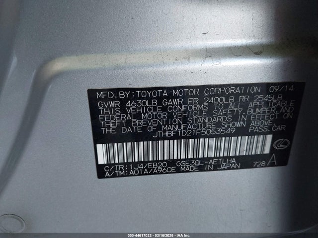 Aukcja sprzedaży 2015 Lexus Is 250, vin: JTHBF1D21F5053549, numer aukcji: 44617032