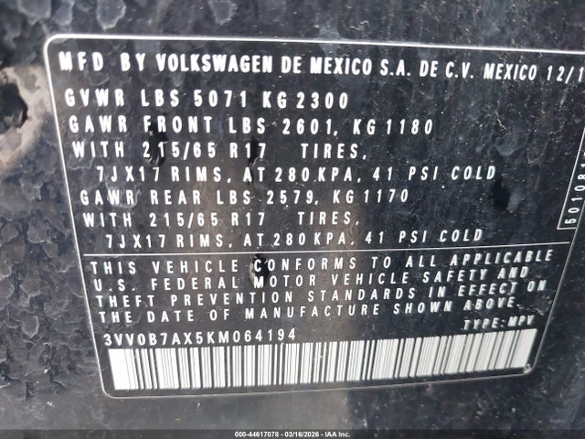 44617078 :رقم المزاد ، 3VV0B7AX5KM064194 vin ، 2019 Volkswagen Tiguan 2.0t S مزاد بيع