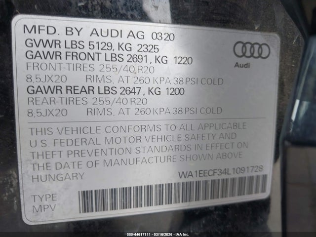 Aukcja sprzedaży 2020 Audi Q3 Premium Plus 45 Tfsi S Line Quattro Tiptronic, vin: WA1EECF34L1091728, numer aukcji: 44617111