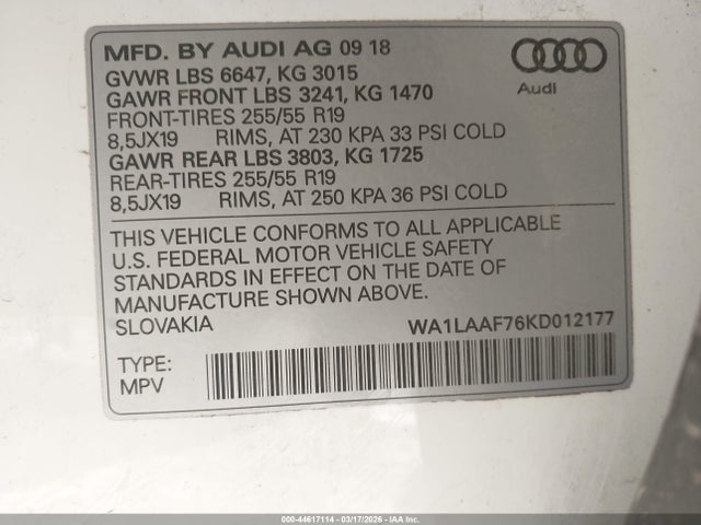 Aukcja sprzedaży 2019 Audi Q7 55 Premium/55 Se Premium, vin: WA1LAAF76KD012177, numer aukcji: 44617114
