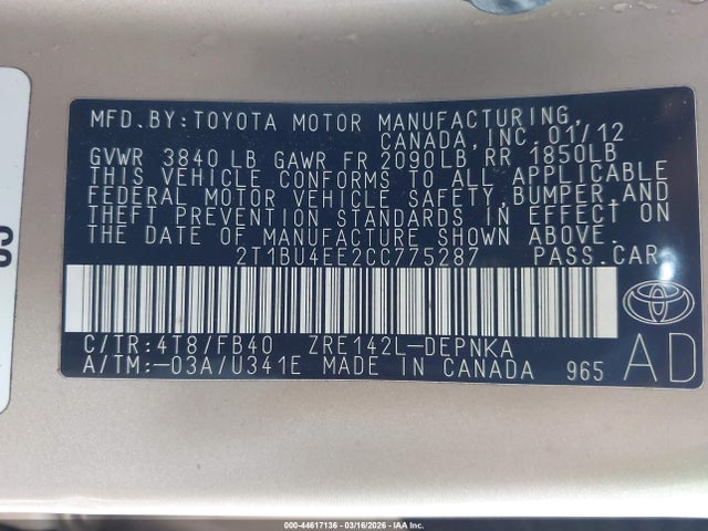 2012 TOYOTA COROLLA 2T1BU4EE2CC775287 Photo 8