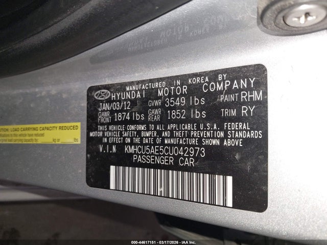 44617151 :رقم المزاد ، KMHCU5AE5CU042973 vin ، 2012 Hyundai Accent Se مزاد بيع