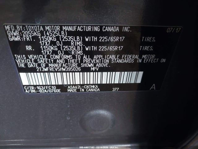 2T3WFREV5HW395026 Toyota Rav4 Xle