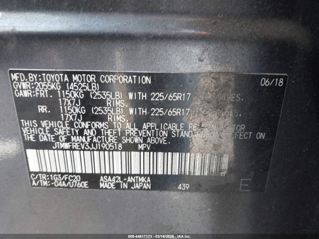 44617173 :رقم المزاد ، JTMWFREV3JJ190518 vin ، 2018 Toyota Rav4 Xle مزاد بيع