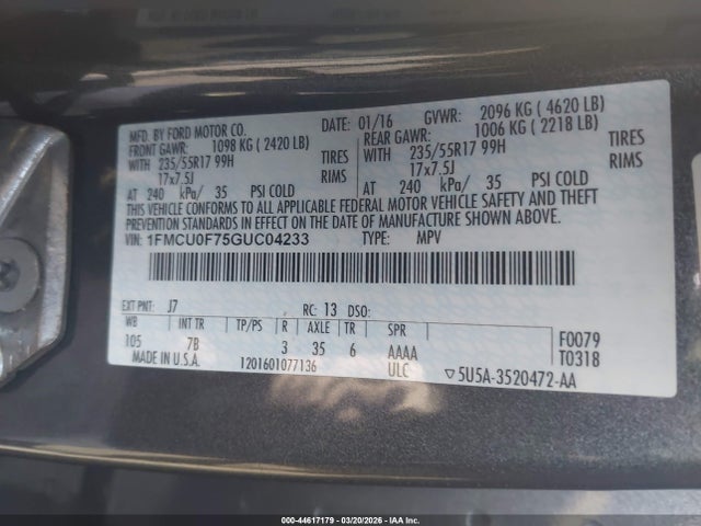 Ford ESCAPE S 2016 1FMCU0F75GUC04233 Image 9