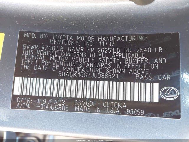 44617183 :رقم المزاد ، 58ABK1GG2JU088821 vin ، 2018 Lexus Es 350 مزاد بيع
