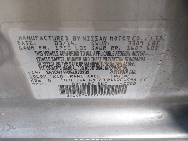 3N1CN7AP2EL872292 Nissan Versa 1.6 S/1.6 S+/1.6 Sl/1.6 Sv