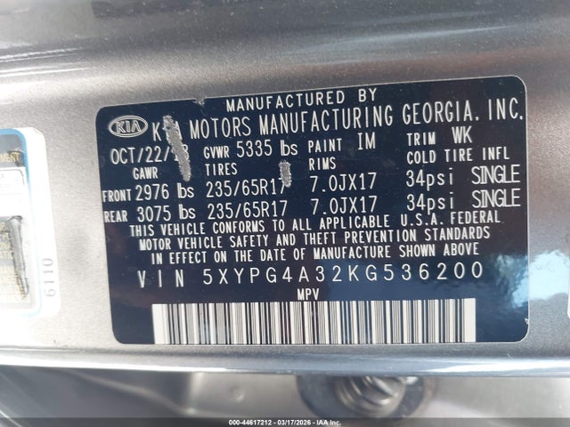 5XYPG4A32KG536200 KIA Sorento 2.4l Lx