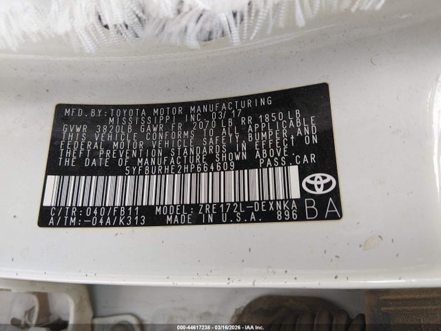 Aukcja sprzedaży 2017 Toyota Corolla Le, vin: 5YFBURHE2HP664609, numer aukcji: 44617238