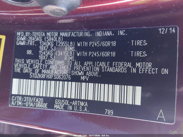 Aukcja sprzedaży 2015 Toyota Highlander Le Plus V6, vin: 5TDZKRFHXFS062076, numer aukcji: 44617251