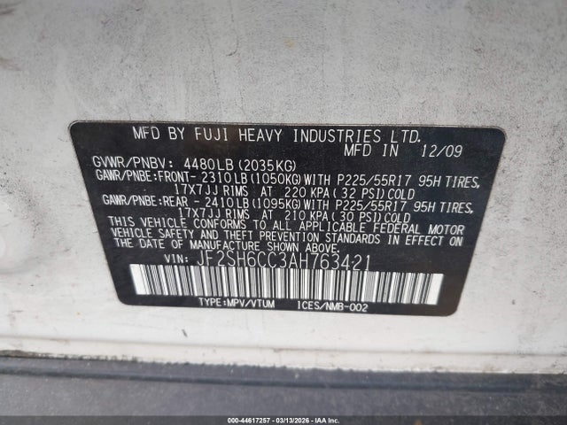 Продаж на аукціоні авто 2010 Subaru Forester 2.5x Premium, vin: JF2SH6CC3AH763421, номер лоту: 44617257